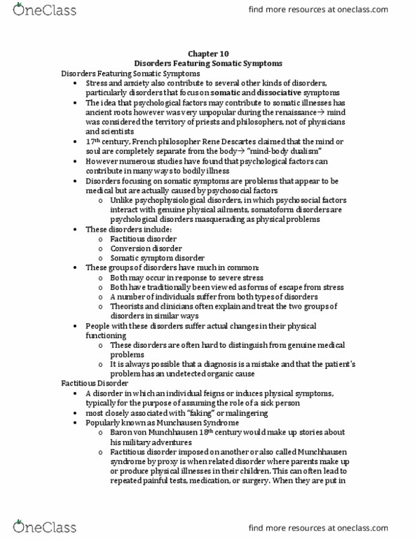 PSYCO239 Lecture Notes - Lecture 10: Somatic Symptom Disorder, Factitious Disorder, Somatization Disorder thumbnail