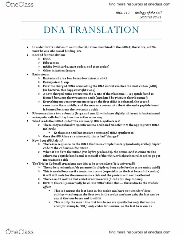 BIOL 112 Lecture Notes - Lecture 21: Aminoacyl-Trna, Ribosome-Binding Site, Start Codon thumbnail