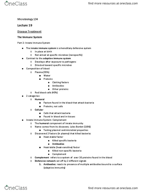 BIOL 134 Lecture Notes - Lecture 19: Jules Bordet, Innate Immune System, Adaptive Immune System thumbnail