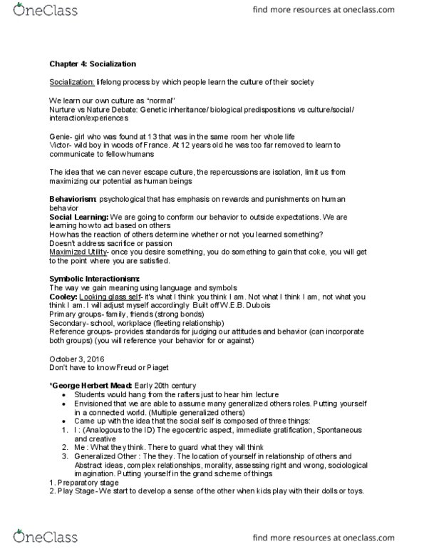 SOC 101 Lecture Notes - Lecture 4: George Herbert Mead, Symbolic Interactionism, Mendelian Inheritance thumbnail