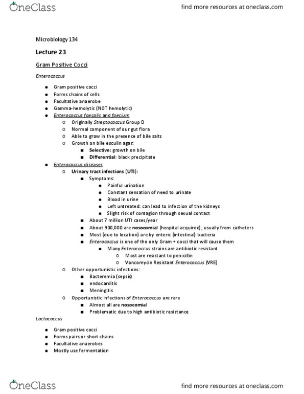 BIOL 134 Lecture Notes - Lecture 24: Vancomycin-Resistant Enterococcus, Enterococcus Faecalis, Micrococcus Luteus thumbnail