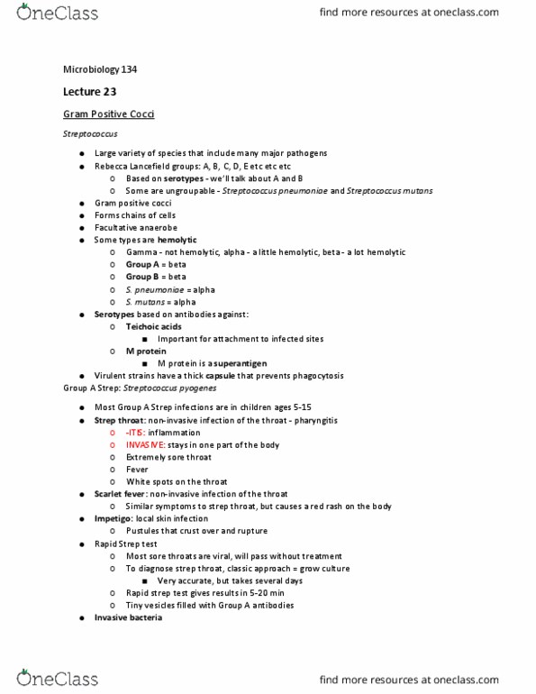 BIOL 134 Lecture Notes - Lecture 23: Rapid Strep Test, Streptococcal Pharyngitis, Rebecca Lancefield thumbnail