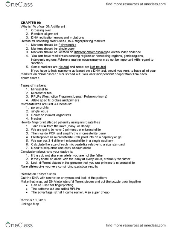 BIL 250 Lecture Notes - Lecture 9: Restriction Fragment Length Polymorphism, Dna Profiling, Restriction Site thumbnail