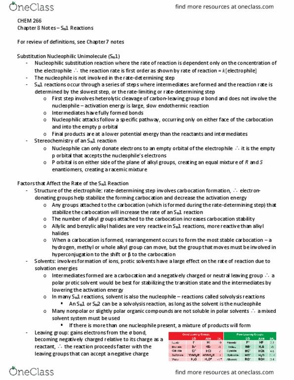 CHEM266 Chapter Notes - Chapter 8: Protic Solvent, Sn1 Reaction, Nucleophilic Substitution thumbnail