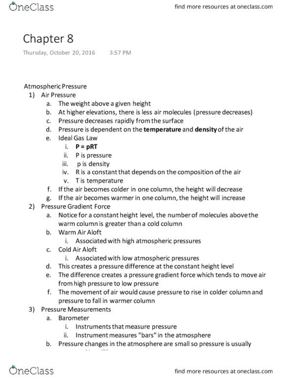 ATSC 110 Lecture Notes - Lecture 2: Atmospheric Pressure, Pressure-Gradient Force, Sea Level thumbnail