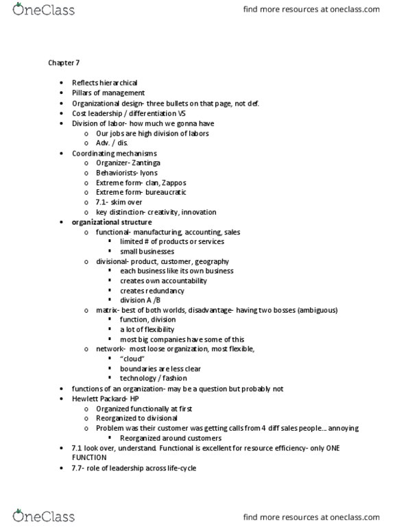 MGMT 3000 Lecture Notes - Lecture 11: Organizational Commitment, Organizational Culture, Organizational Structure thumbnail