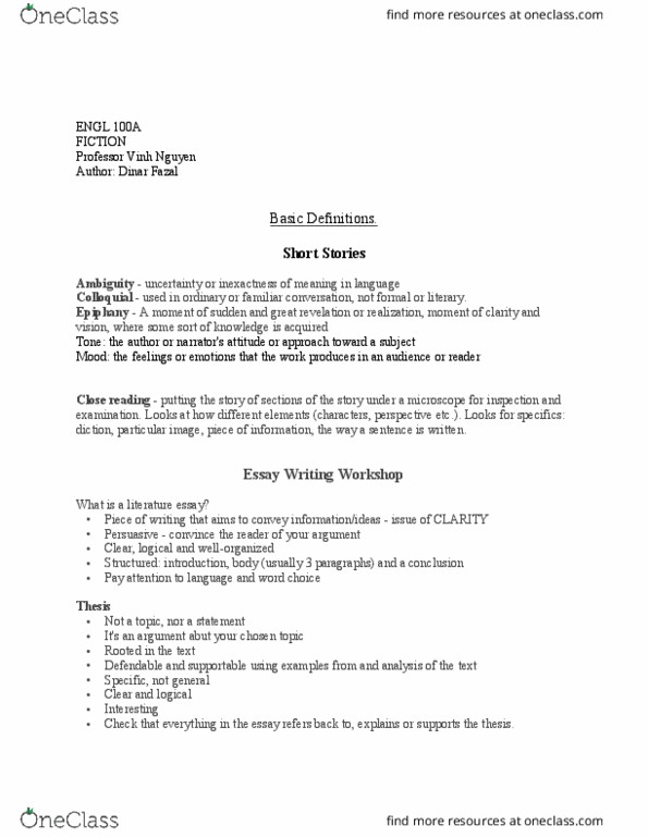 ENGL100A Lecture Notes - Lecture 4: Vinh, Close Reading, Clarity thumbnail