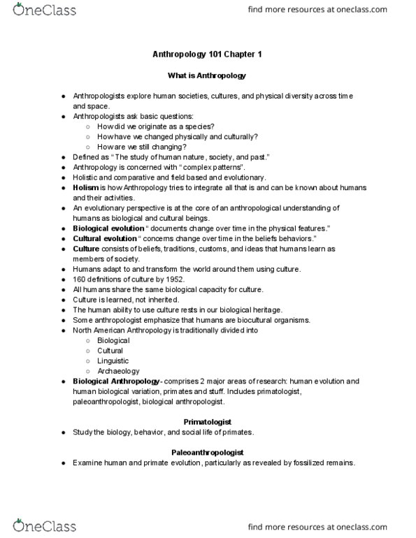 ANTH 101 Lecture Notes - Lecture 1: Biological Anthropology, Paleoanthropology, Evolution thumbnail