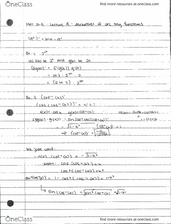 MAT 21A Lecture 15: Derivative of Arc Trig Functions thumbnail