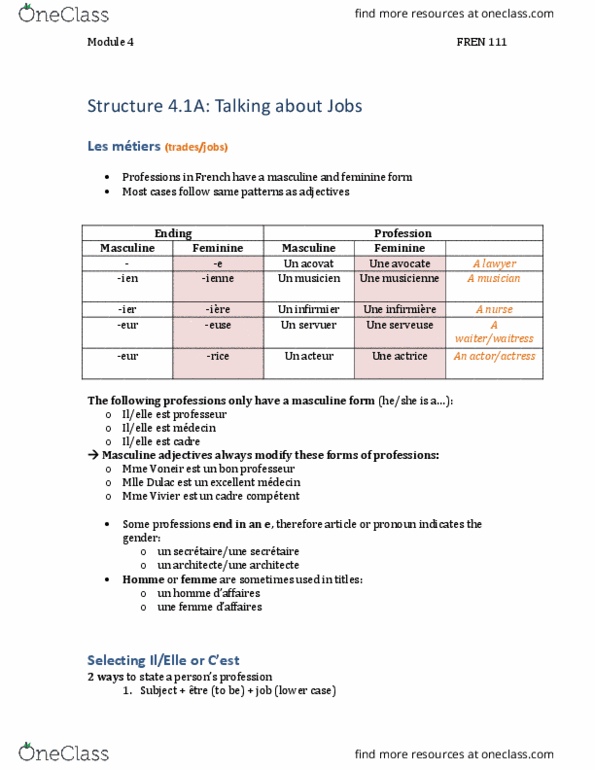 FREN-111 Chapter 4.1A: FREN 111 Chapter 4.1A: FREN 111 Structure 4.1A: Talking about Jobs thumbnail