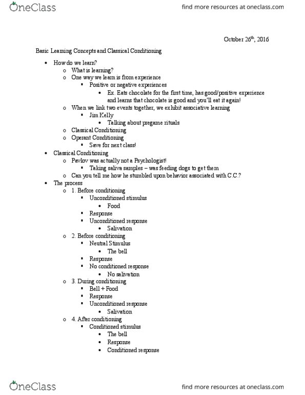 PSY 100 Lecture Notes - Lecture 22: Classical Conditioning, Operant Conditioning, Little Albert Experiment thumbnail