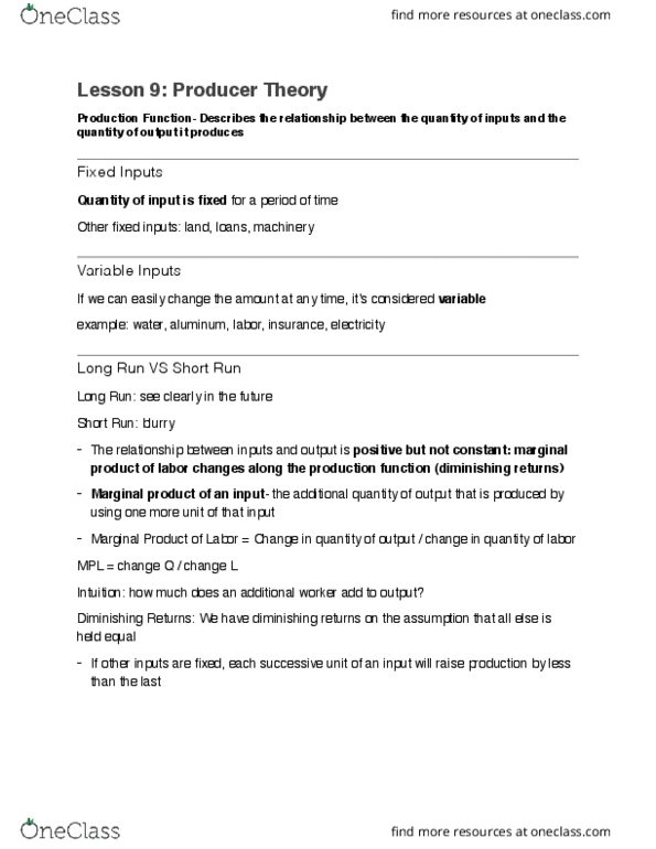 ECON 102 Lecture Notes - Lecture 12: Diminishing Returns, Marginal Product, Production Function thumbnail