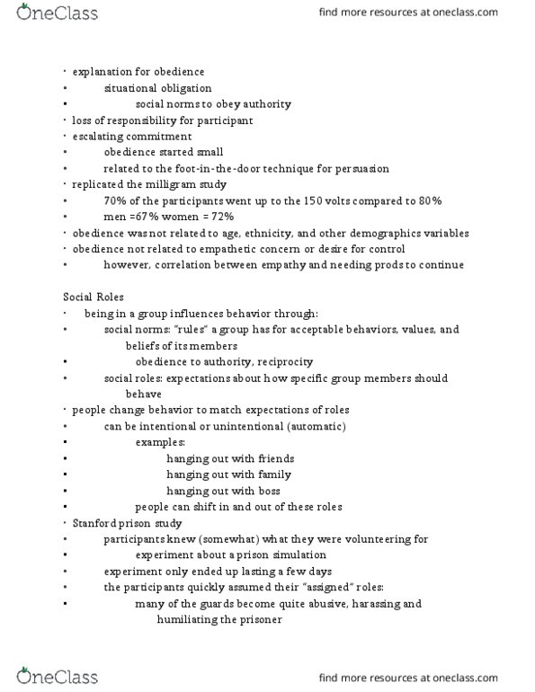 PSY-2213 Lecture Notes - Lecture 10: Stanford Prison Experiment, Kilogram, Ostracism thumbnail