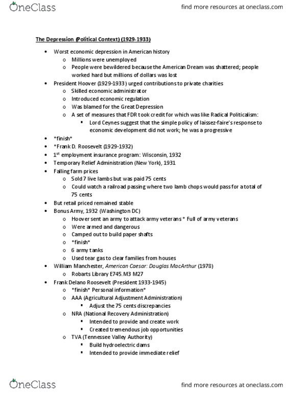 HISB31H3 Lecture Notes - Lecture 6: Agricultural Adjustment Act, National Recovery Administration, Douglas Macarthur thumbnail