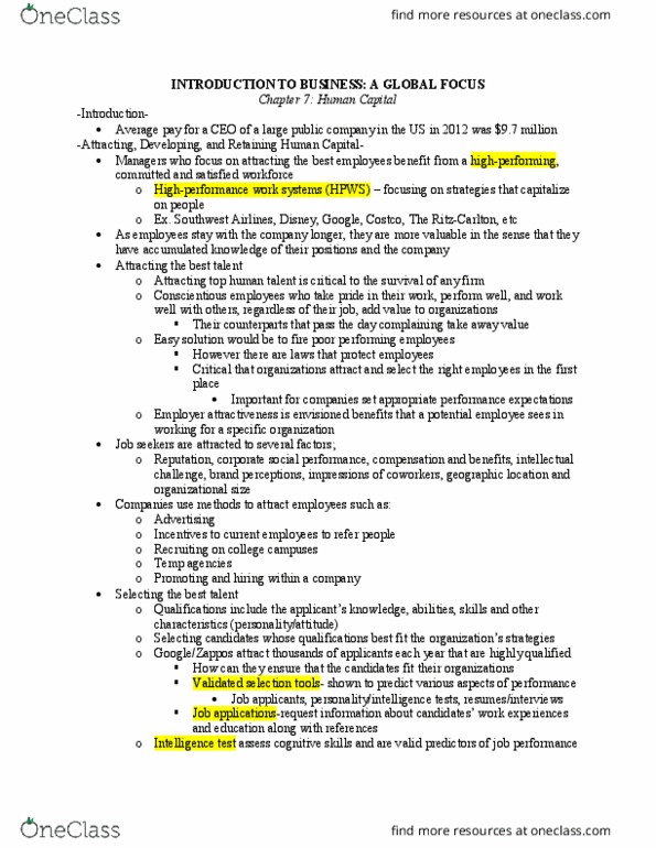 BUS-101 Chapter Notes - Chapter 7: Southwest Airlines, Costco, Job Performance thumbnail