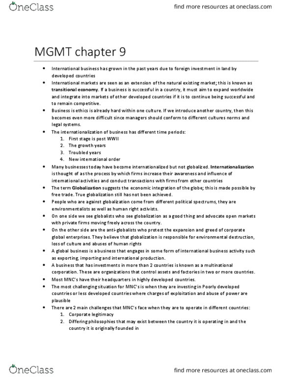 MGMT 200 Chapter Notes - Chapter 9: Bhopal Disaster, Infant Formula, Human Resource Management thumbnail