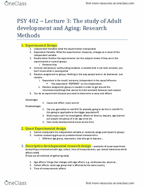 PSY 402 Lecture Notes - Lecture 3: Adult Development, Design Of Experiments, Confounding thumbnail