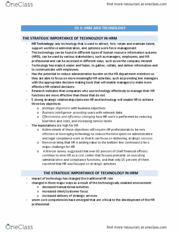 HRM200 Lecture Notes - Lecture 3: Human Resource Management System, Workforce Management, Data Warehouse thumbnail