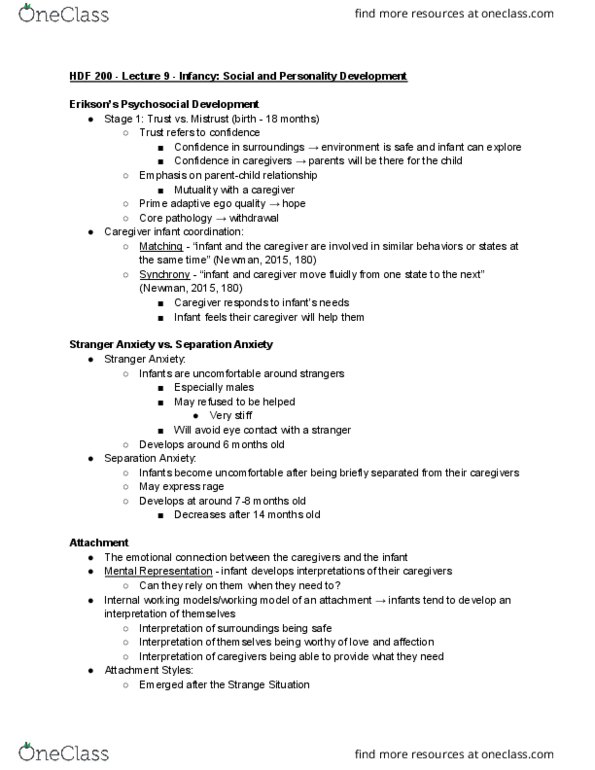 HDF 200 Lecture Notes - Lecture 9: Mary Ainsworth, Postpartum Depression, 18 Months thumbnail