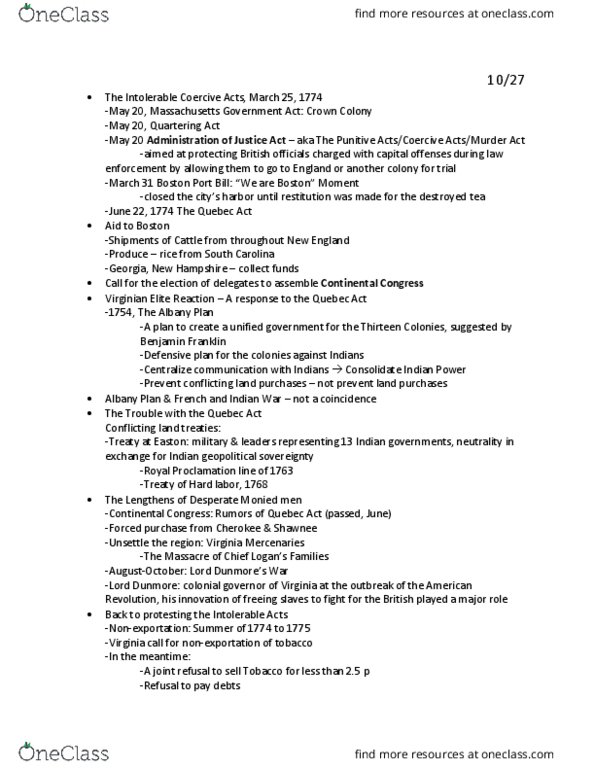 HISTORY 3011 Lecture Notes - Lecture 4: Massachusetts Government Act, Albany Plan, Thirteen Colonies thumbnail