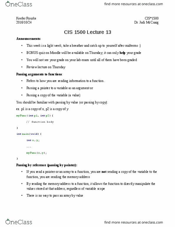 CIS 1500 Lecture Notes - Lecture 13: Scanf Format String, Memory Address, Moodle thumbnail