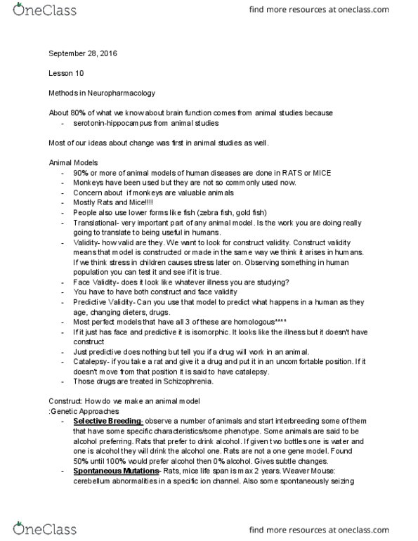 PSY 359 Lecture Notes - Lecture 10: Calcitriol Receptor, Catalepsy, Model Organism thumbnail