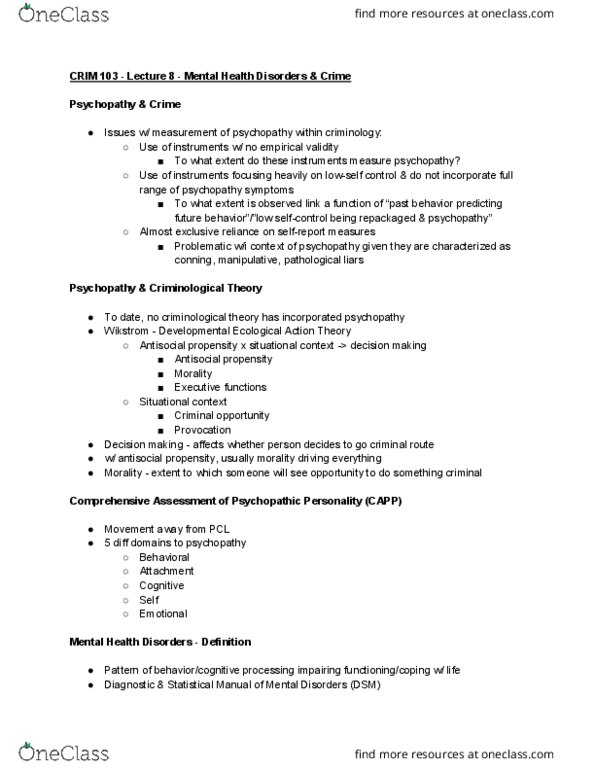 CRIM 103 Lecture Notes - Lecture 8: Schizotypal Personality Disorder, Psychoactive Drug, Psychopathy thumbnail