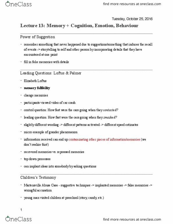 PSY100H1 Lecture Notes - Lecture 13: Elizabeth Loftus, Leading Question, Implicit-Association Test thumbnail
