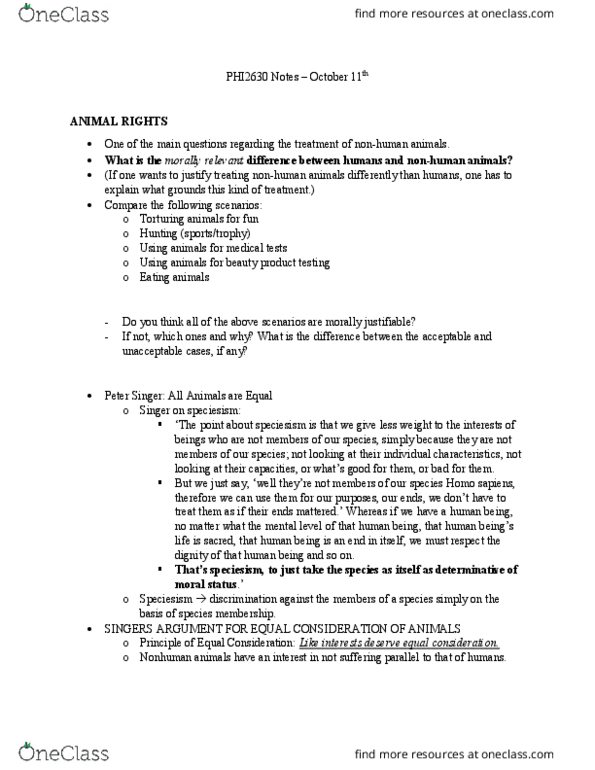 PHI-2630 Lecture Notes - Lecture 5: Speciesism, Eating Animals, Determinative thumbnail