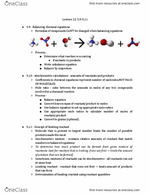 CHEM 130 Chapter Notes - Chapter 5.9-5.11: Balance Equation, Limiting Reagent thumbnail