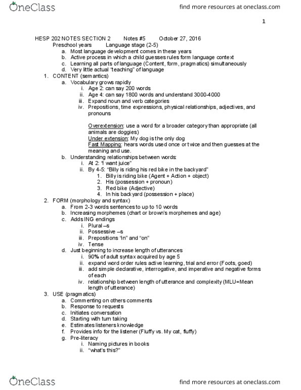 HESP 202 Lecture Notes - Lecture 13: Pragmatics, Hearing Loss, Developmental Disorder thumbnail