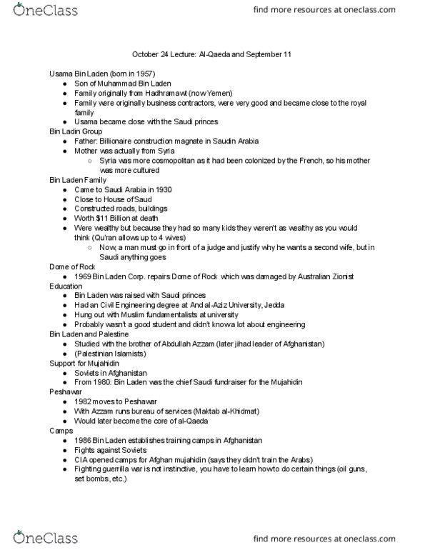 HISTORY 241 Lecture Notes - Lecture 11: Bin Laden Family, Abdullah Yusuf Azzam, Hosni Mubarak thumbnail