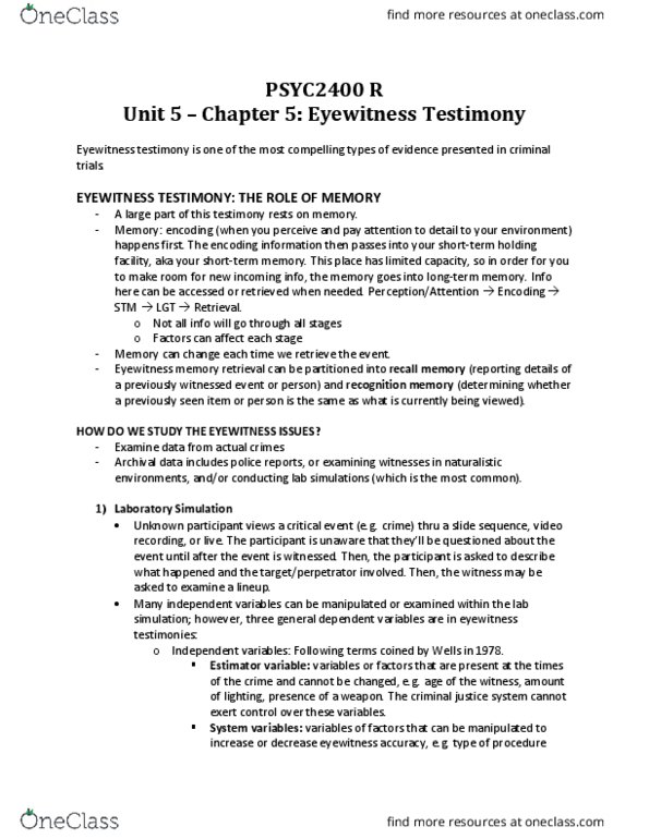 PSYC 2400 Lecture Notes - Lecture 4: Eyewitness Testimony, Eyewitness Memory, Elizabeth Loftus thumbnail