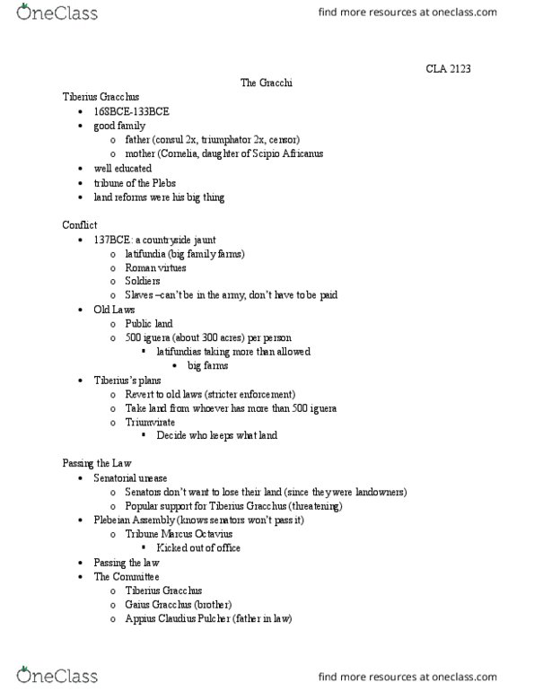 CLA-2123 Lecture Notes - Lecture 3: Gaius Gracchus, Marcus Octavius, Attalus Iii thumbnail