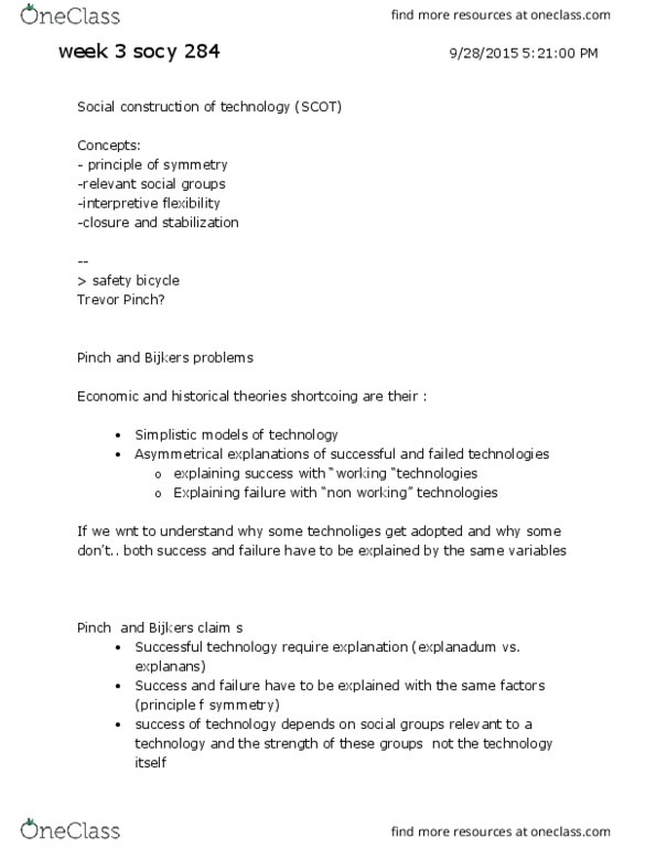 SOCY 284 Lecture Notes - Lecture 3: Safety Bicycle, Trevor Pinch, Velocipede thumbnail