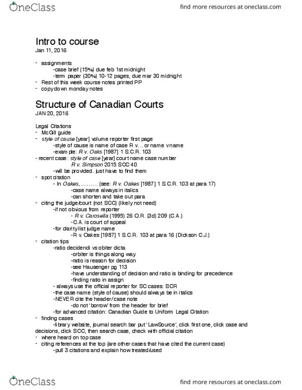 POLS 3130 Lecture Notes - Lecture 1: Obiter Dictum, Canadian Judicial Council, Ratio Decidendi thumbnail