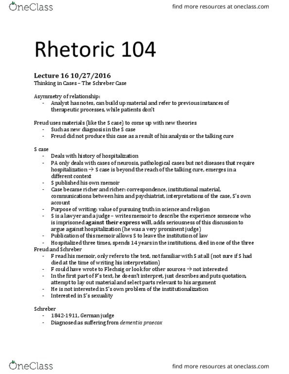 RHETOR 104 Lecture Notes - Lecture 16: Daniel Paul Schreber, Dementia Praecox, Psychosis thumbnail