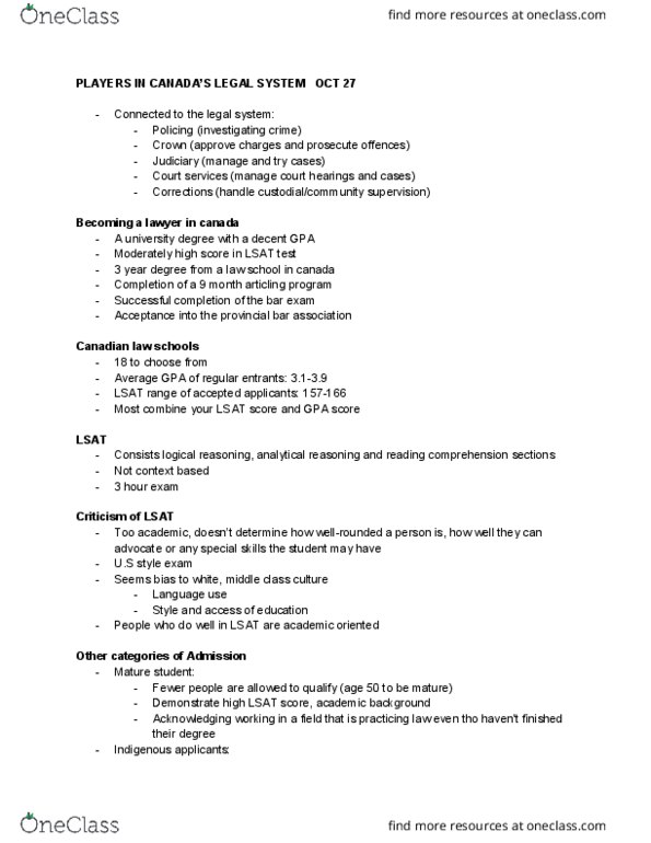 CRIM 135 Lecture Notes - Lecture 6: Paul Bernardo, Law School Admission Test, Law Clerk thumbnail