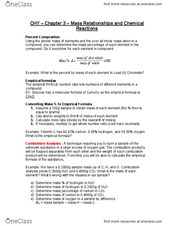 CHY 123 Lecture Notes - Lecture 7: Chemical Formula, Molar Mass, Empirical Formula thumbnail