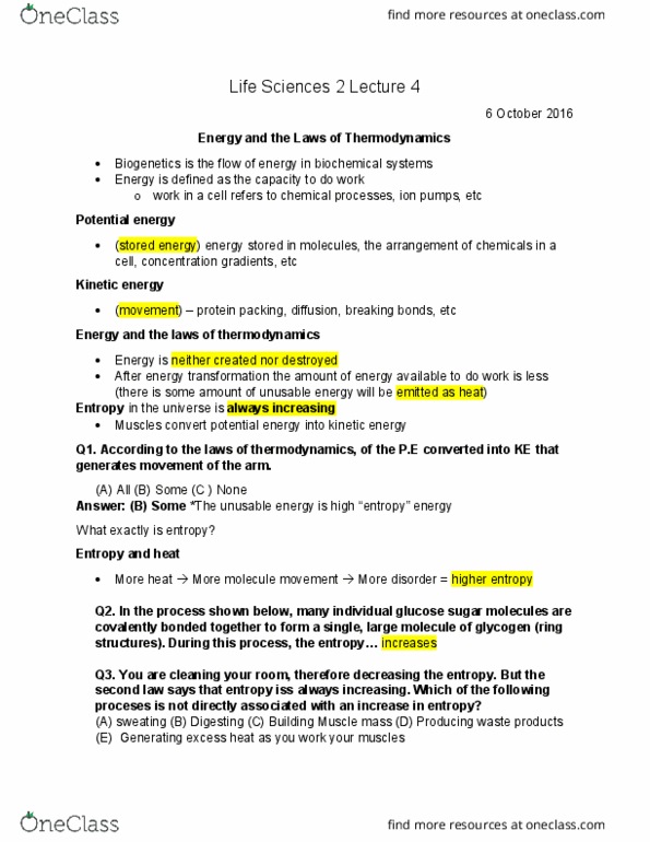 LIFESCI 2 Lecture Notes - Lecture 4: Kinetic Energy, Thermodynamics, Potential Energy thumbnail