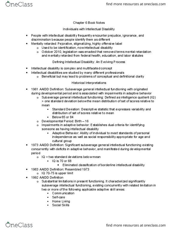 RP & SE 300 Chapter Notes - Chapter 6: Intellectual Disability, Adaptive Behavior, Fragile X Syndrome thumbnail