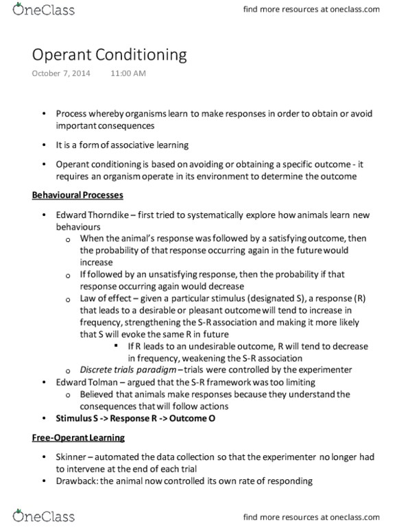 PSY260H1 Lecture Notes - Lecture 5: Operant Conditioning, Edward C. Tolman, Edward Thorndike thumbnail