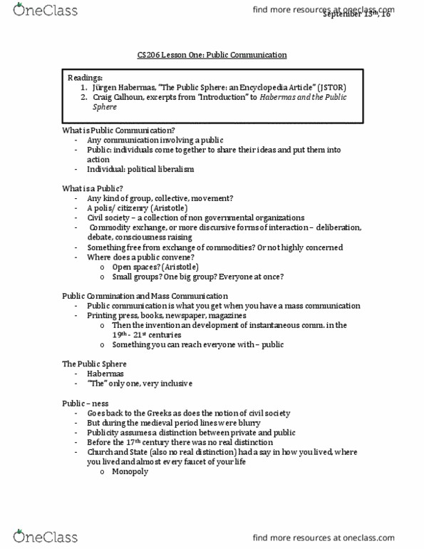 CS206 Lecture Notes - Lecture 1: Craig Calhoun, Political Liberalism, Consciousness Raising thumbnail