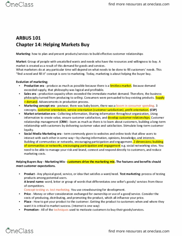 ARBUS101 Lecture Notes - Lecture 10: Social Media Marketing, Market Orientation, Marketing Mix thumbnail