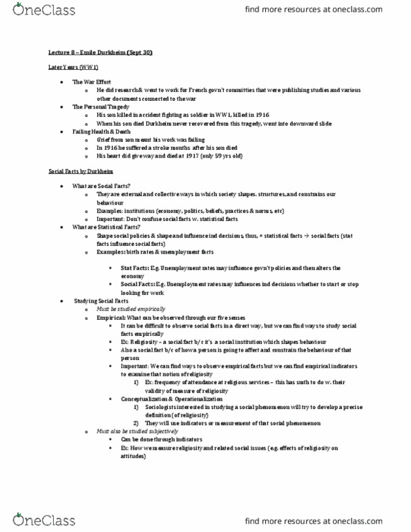 SOCIOL 2S06 Lecture Notes - Lecture 8: Mechanical And Organic Solidarity, Social Fact, Anomie thumbnail