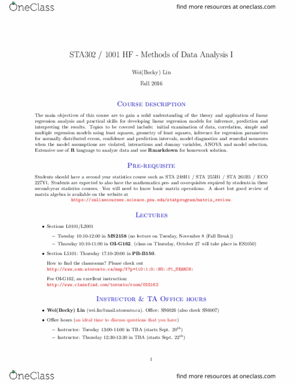 STA302H1 Lecture Notes - Lecture 1: Regression Analysis, Matrix Multiplication, Model Selection thumbnail