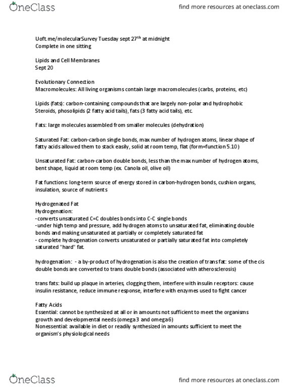 BIO152H5 Lecture Notes - Lecture 2: Unsaturated Fat, Canola, Saturated Fat thumbnail