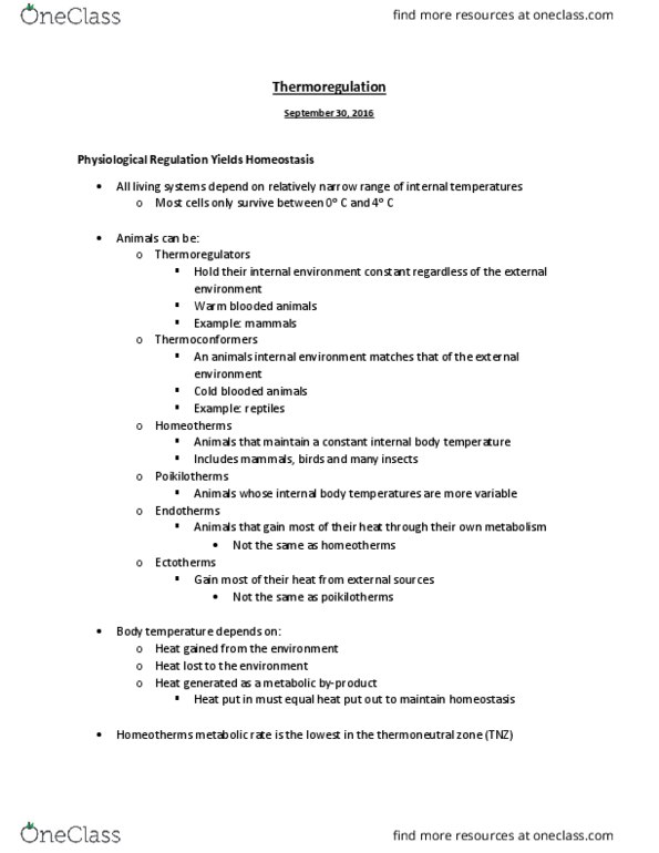 BSC 2011 Lecture Notes - Lecture 14: Thermoregulation, Brown Adipose Tissue, Homeostasis thumbnail