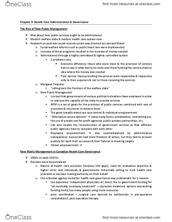 HLTB40H3 Chapter Notes - Chapter 3: New Public Management, Canada Health Infoway, Health System thumbnail