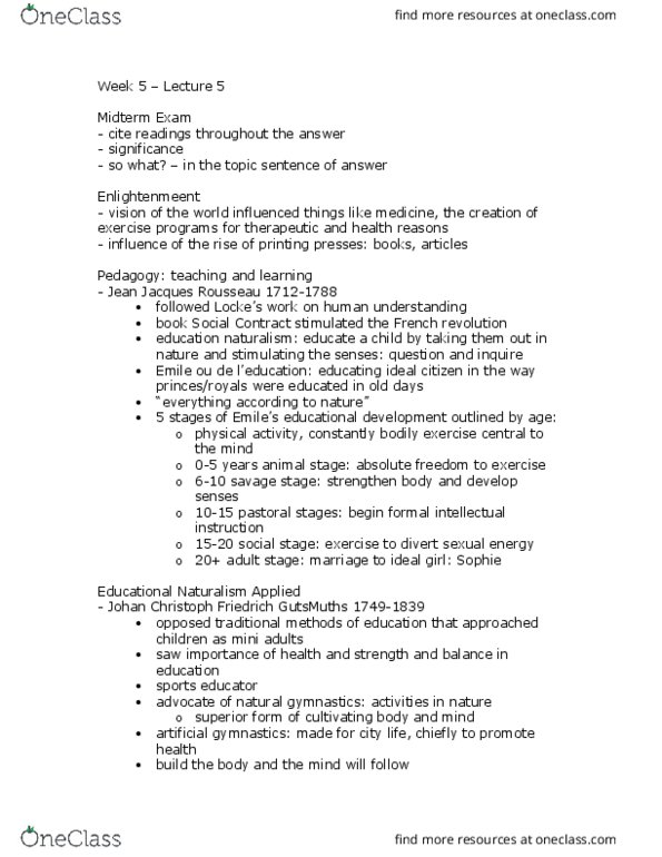 HISTORY 3S03 Lecture Notes - Lecture 5: Jean-Jacques Rousseau, Mary Tileston Hemenway, Johann Christoph Friedrich Gutsmuths thumbnail